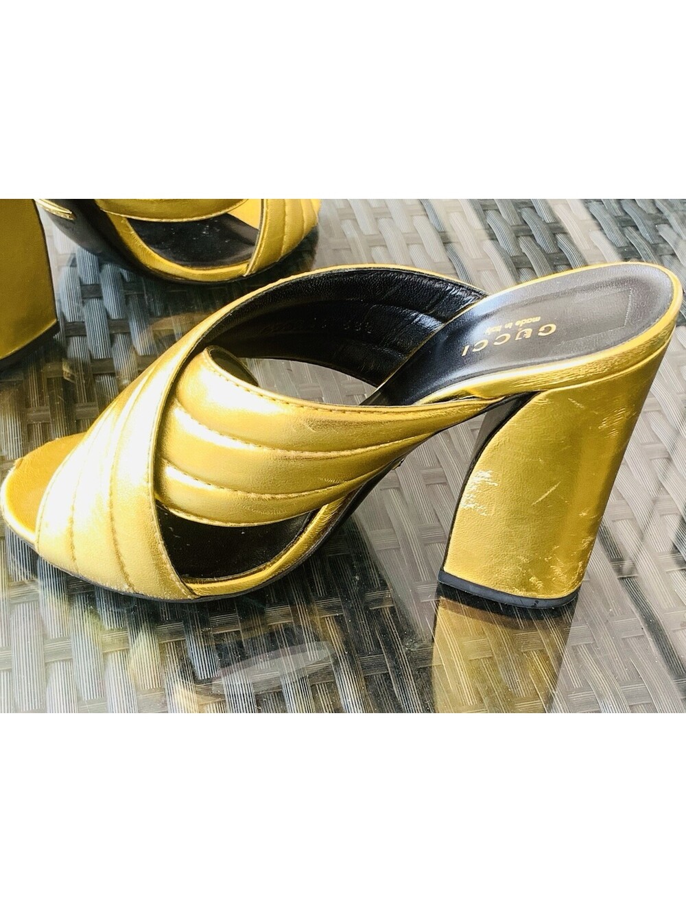 Authentic Gucci Webby Gold Metallic Quilted Leather Mules Slide Sandals 38.5 - Picture 11 of 15